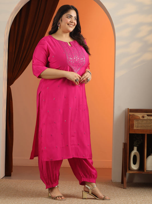 Plus Size Pink Embroidered Silk Blend Straight Suit Set With Dupatta