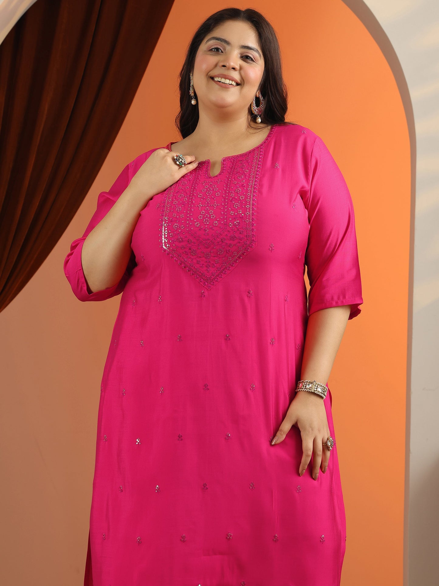 Plus Size Pink Embroidered Silk Blend Straight Suit Set With Dupatta