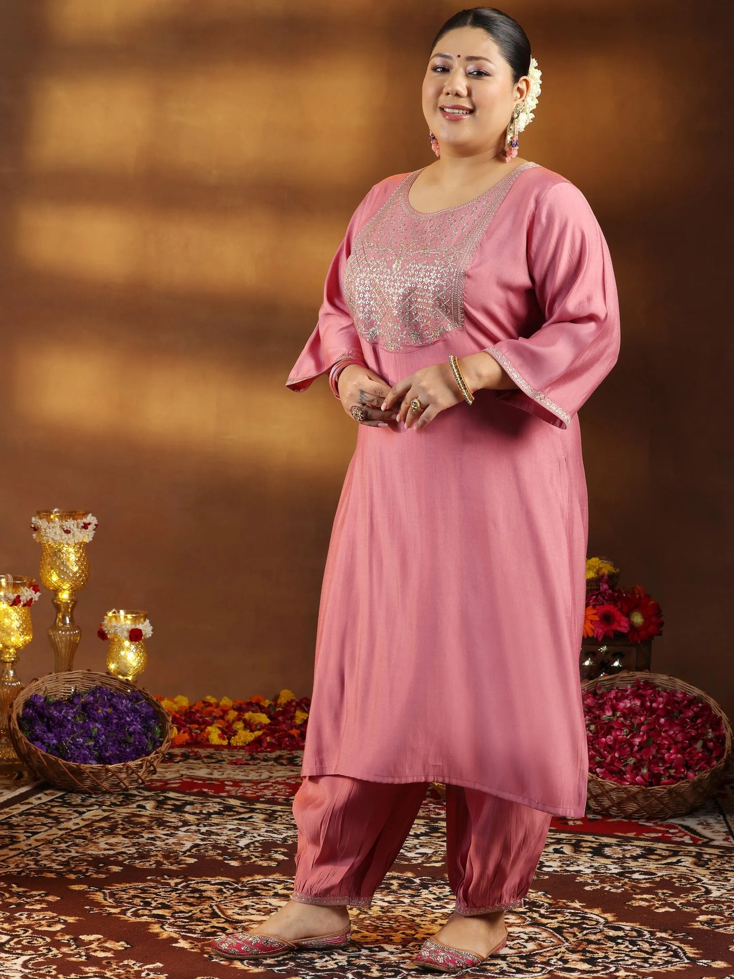 Plus Size Peach Yoke Design Silk Blend Straight Suit With Dupatta
