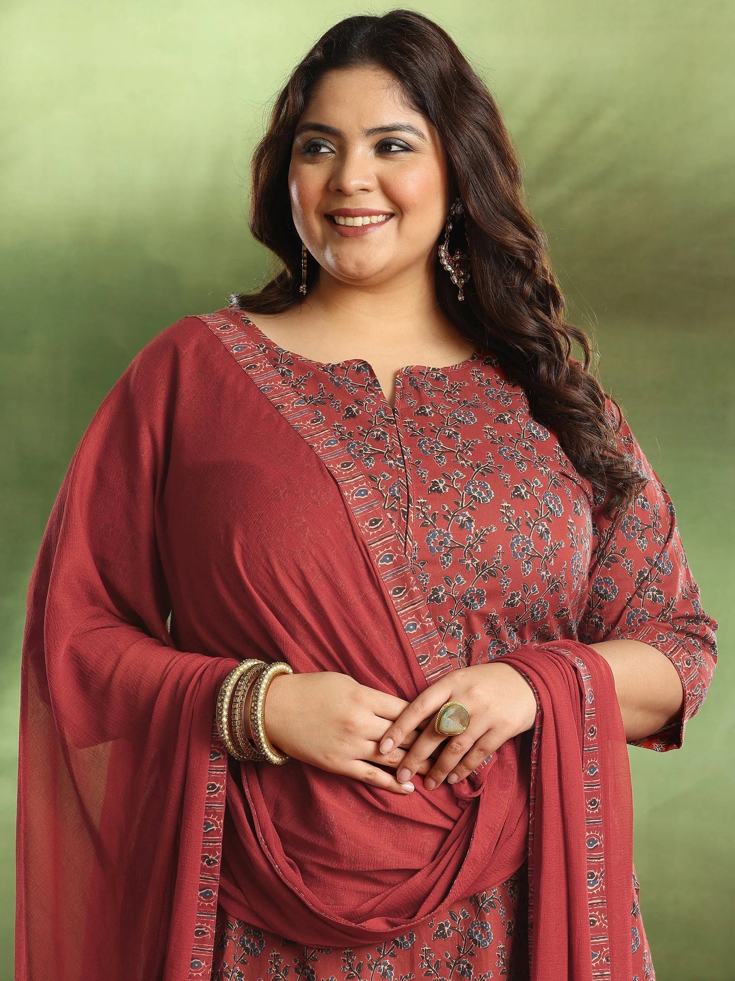 Plus Size Rust Printed Cotton Straight Suit With Dupatta
