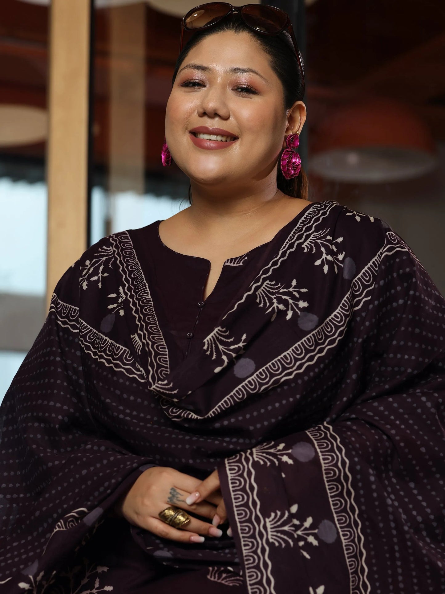 Plus Size Brown Printed Cotton Straight Suit With Dupatta