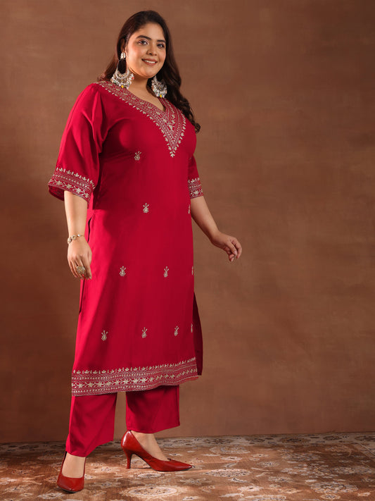 Plus Size Red Embroidered Rayon Straight Kurta Set