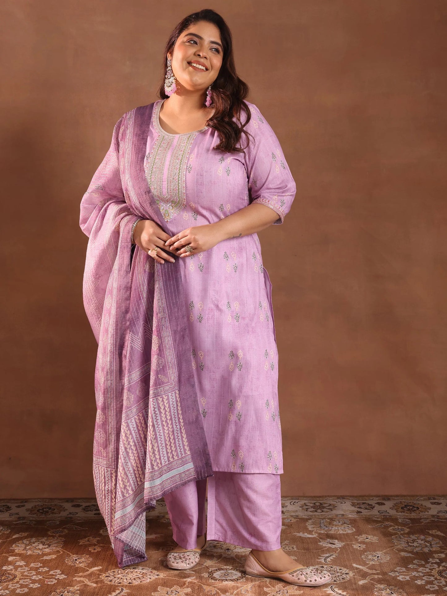 Plus Size Lavender Printed Silk Blend Straight Suit With Dupatta
