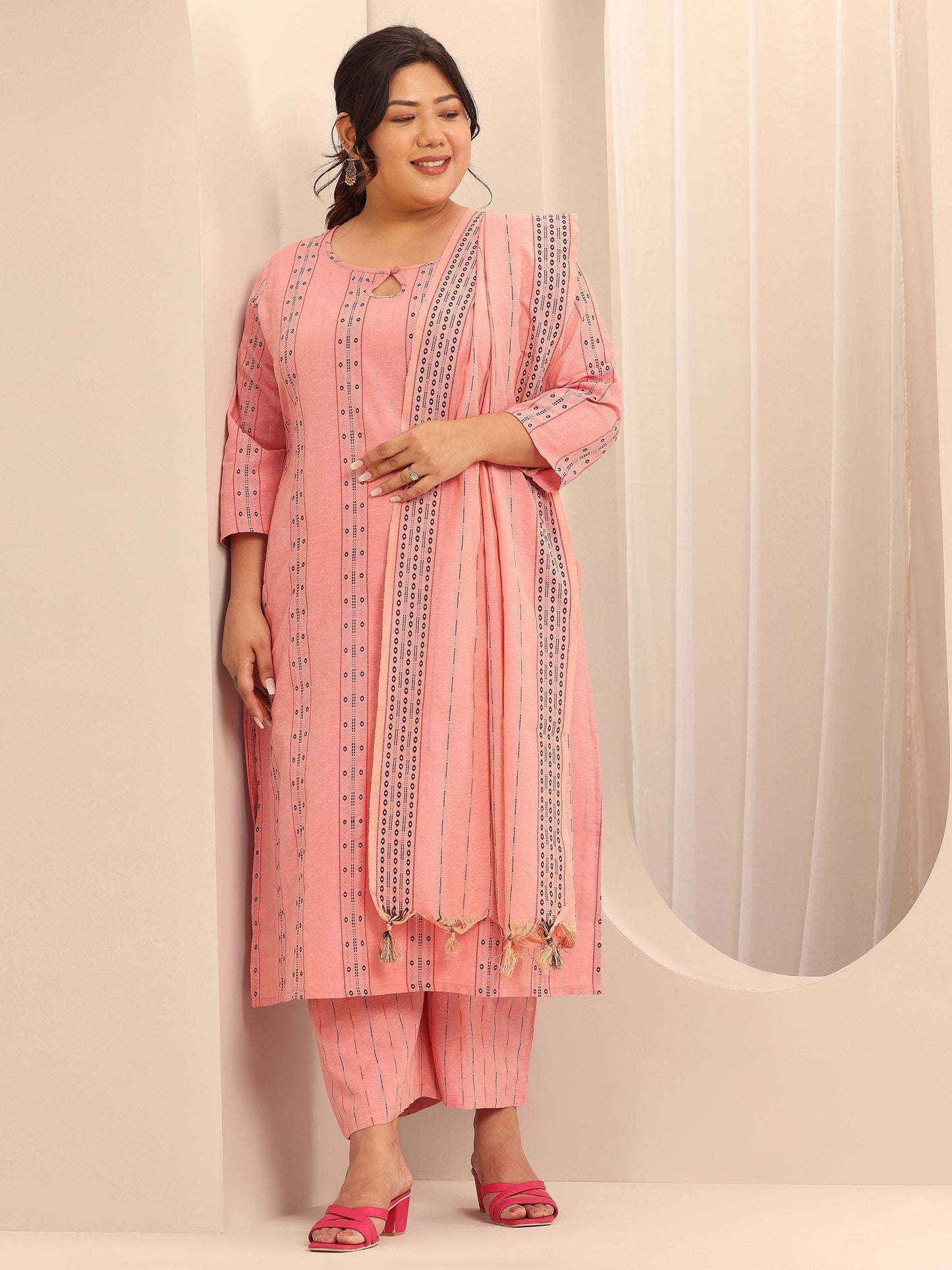 Plus Size Peach Self Design Cotton Blend Straight Suit Set With Dupatta