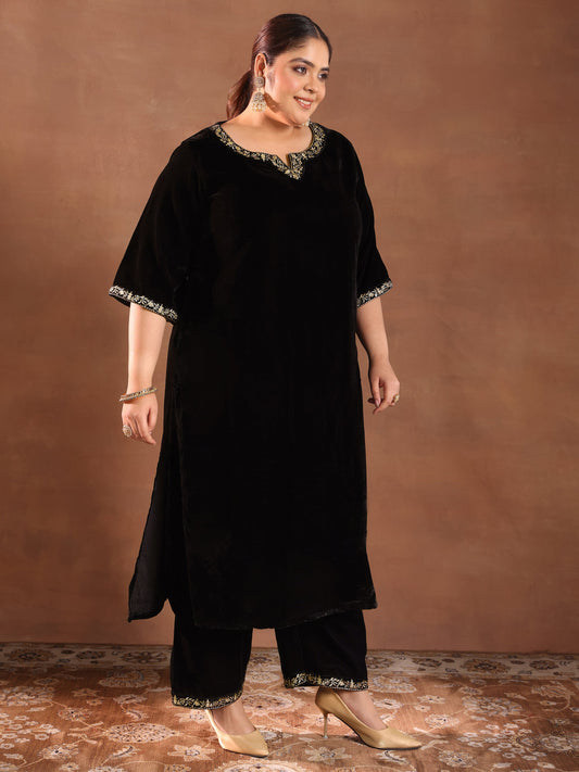 Plus Size Black Solid Velvet Straight Suit Set With Dupatta