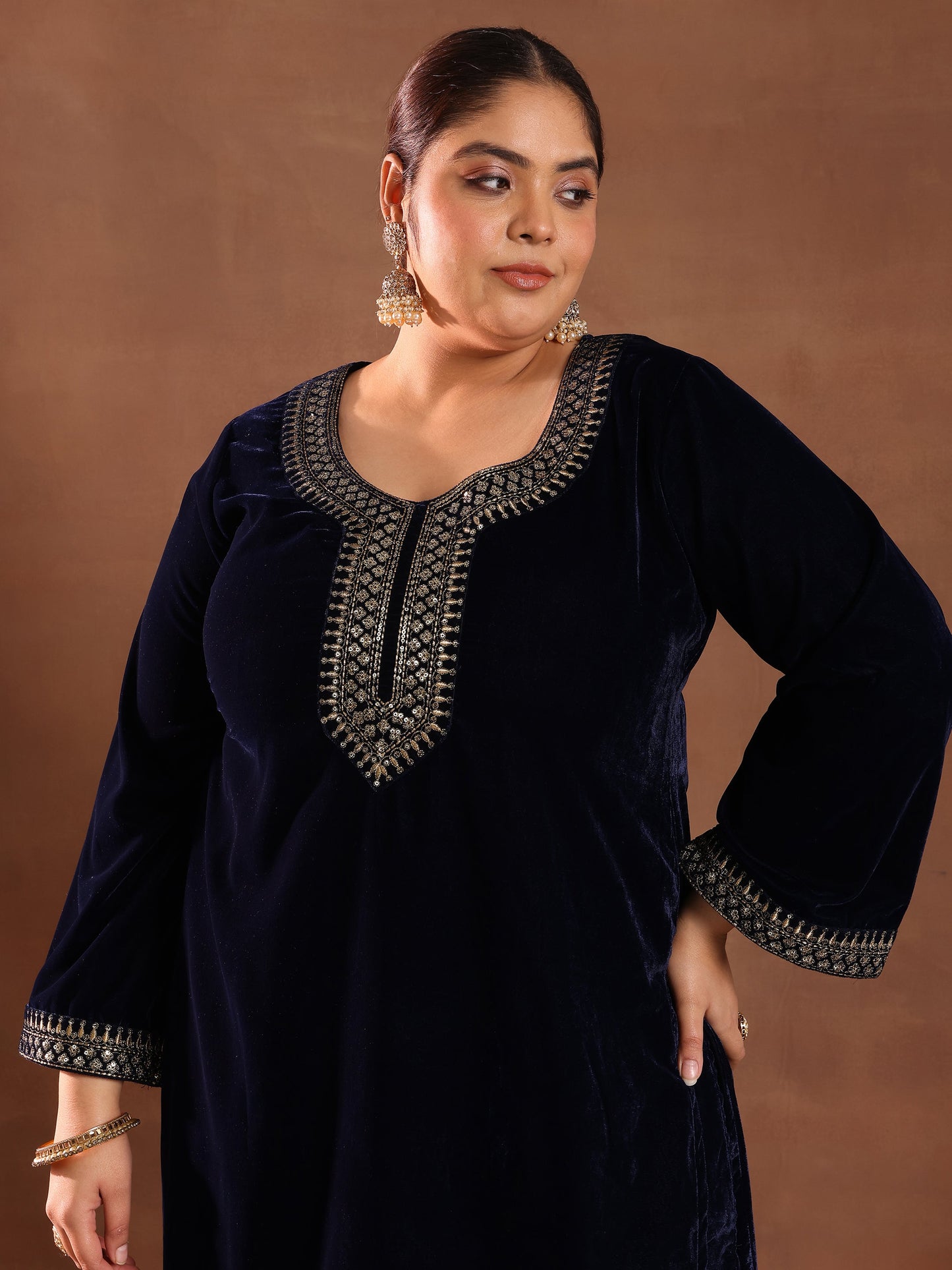 Plus Size Blue Yoke Design Velvet Straight Suit Set With Dupatta