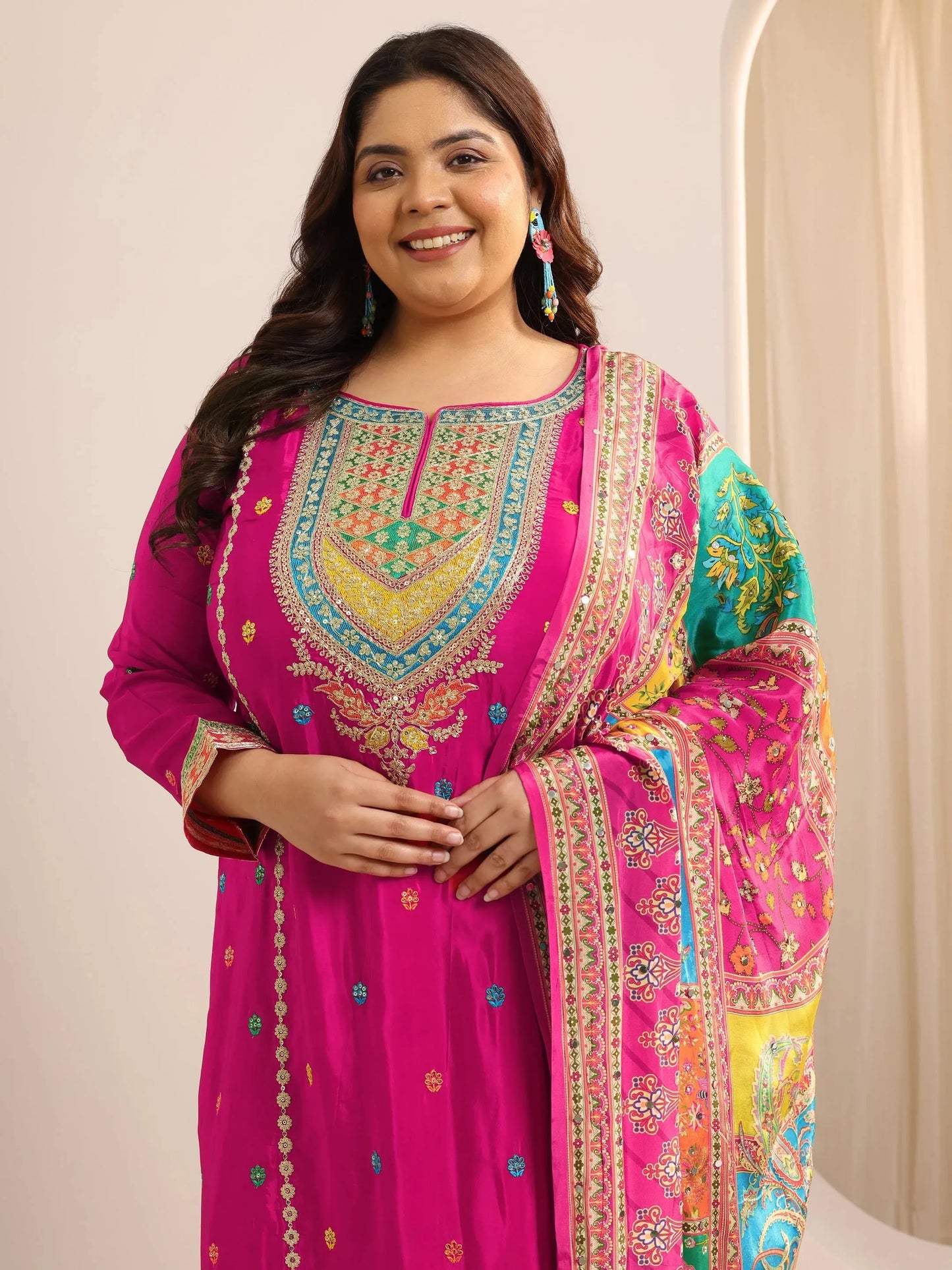 Plus Size Pink Embroidered Silk Blend Straight Sharara Suit Set With Dupatta