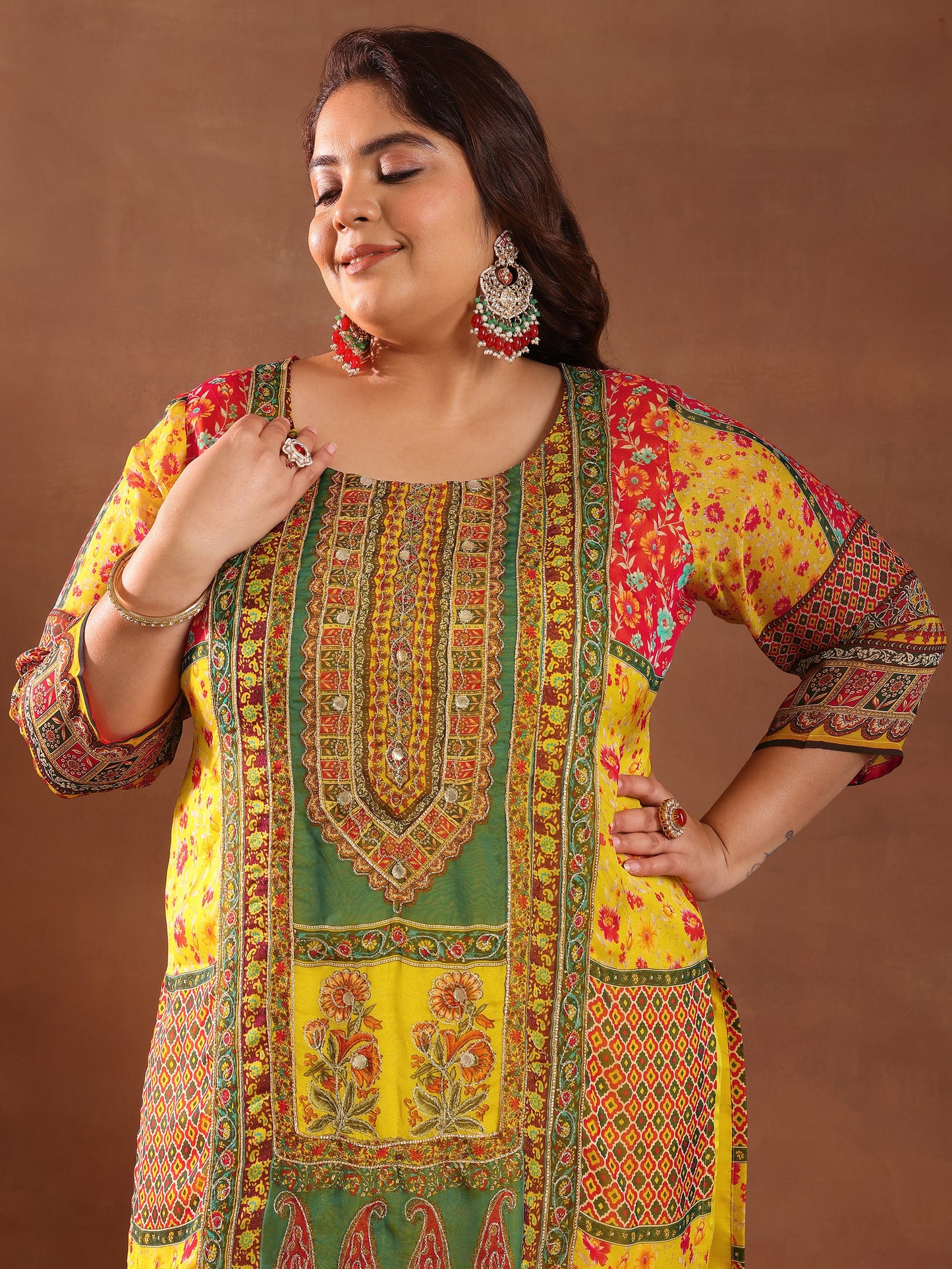 Plus Size Mutli Printed Organza Straight Suit With Dupatta