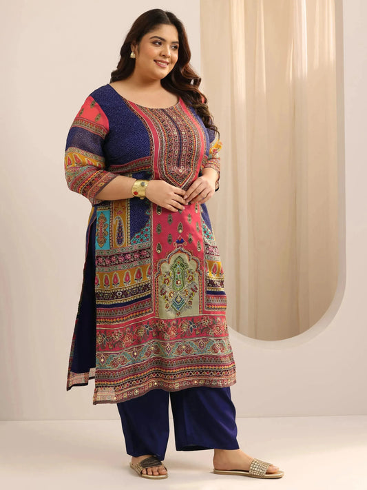 Plus Size Mutli Printed Organza Straight Suit Set With Dupatta