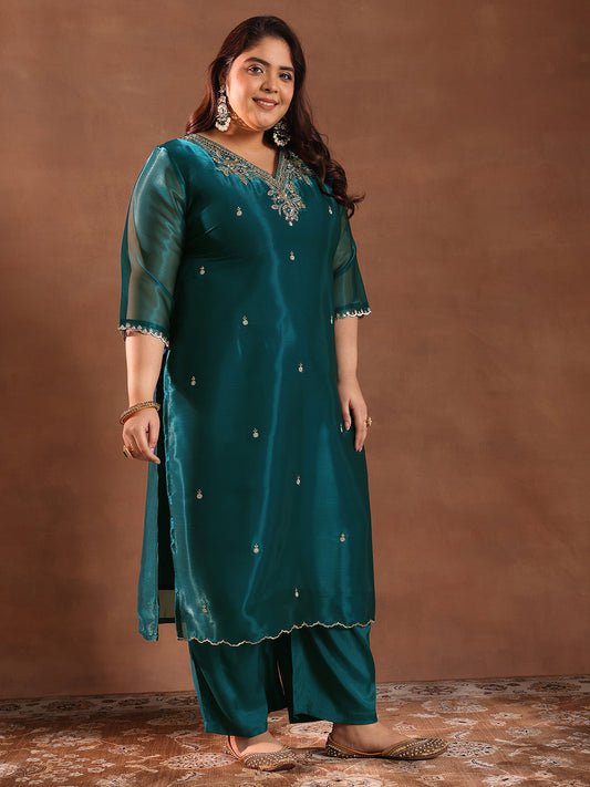 Plus Size Teal Yoke Design Tissue Straight Suit Set With Dupatta