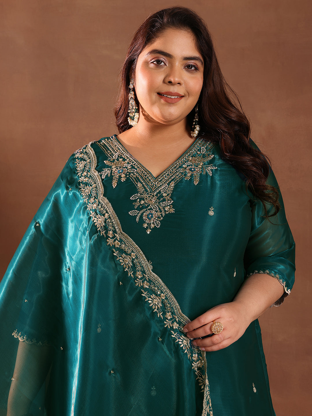 Plus Size Teal Yoke Design Tissue Straight Suit Set With Dupatta