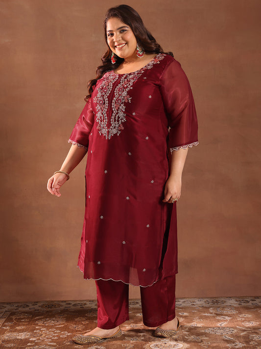 Plus Size Maroon Yoke Design Tissue Straight Suit With Dupatta