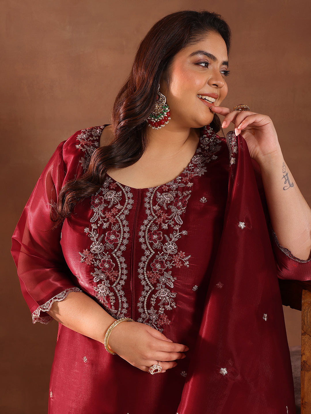 Plus Size Maroon Yoke Design Tissue Straight Suit With Dupatta