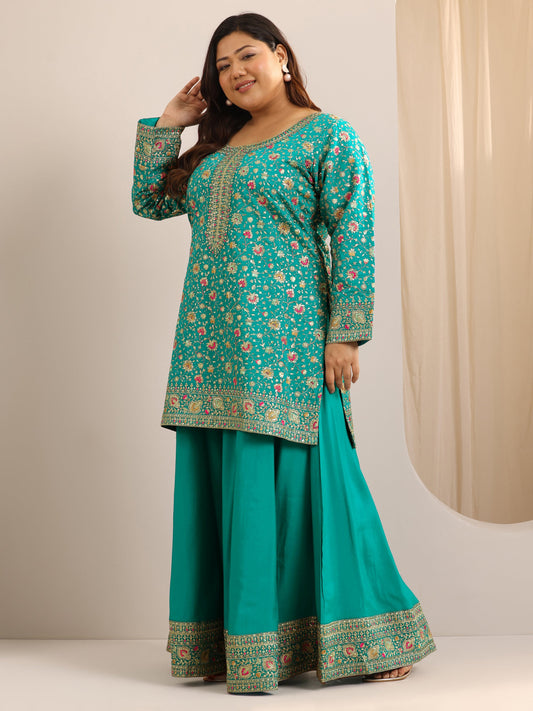 Plus Size Green Embroidered Silk Blend Straight Sharara Suit Set With Dupatta