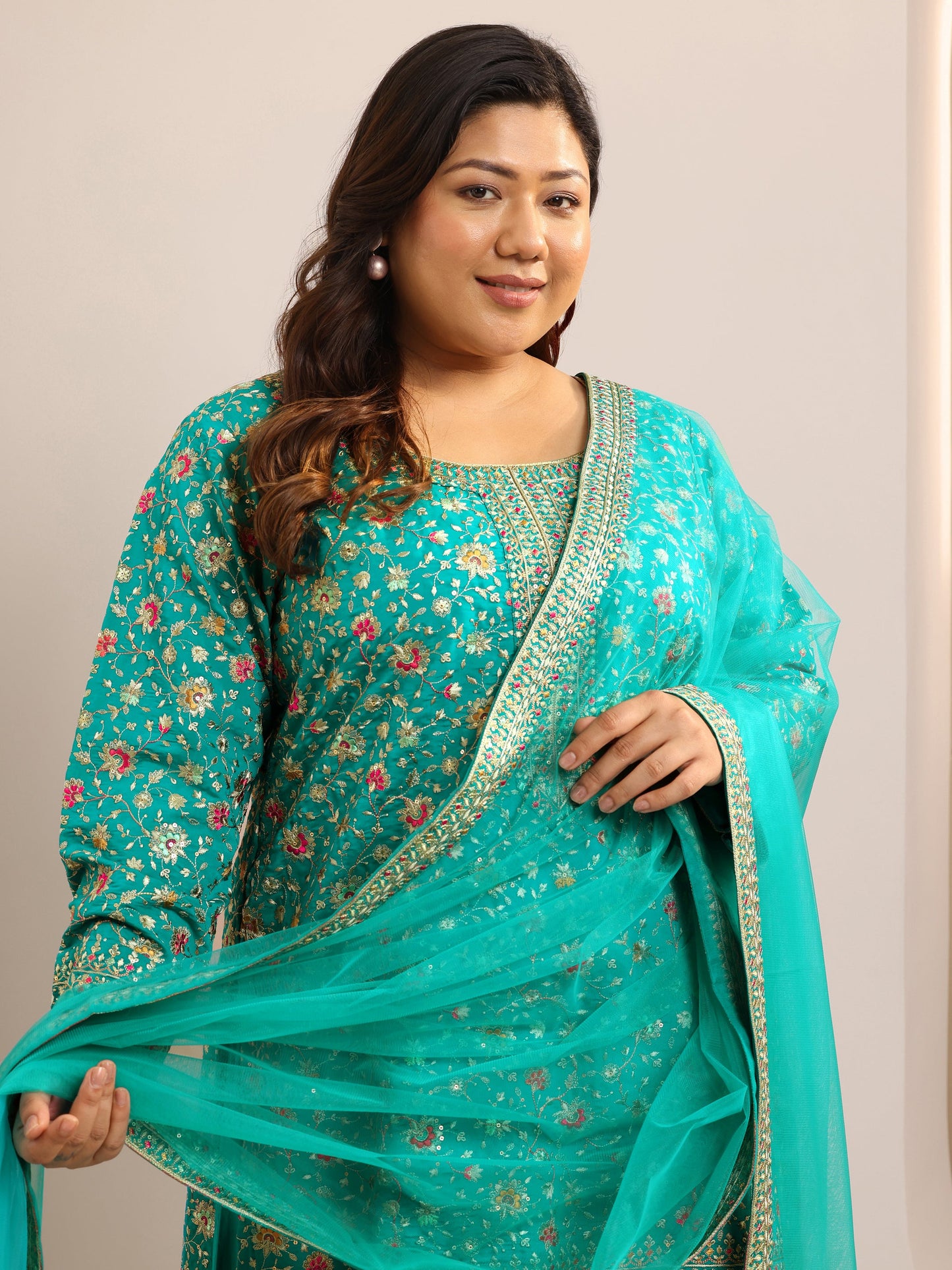 Plus Size Green Embroidered Silk Blend Straight Sharara Suit Set With Dupatta