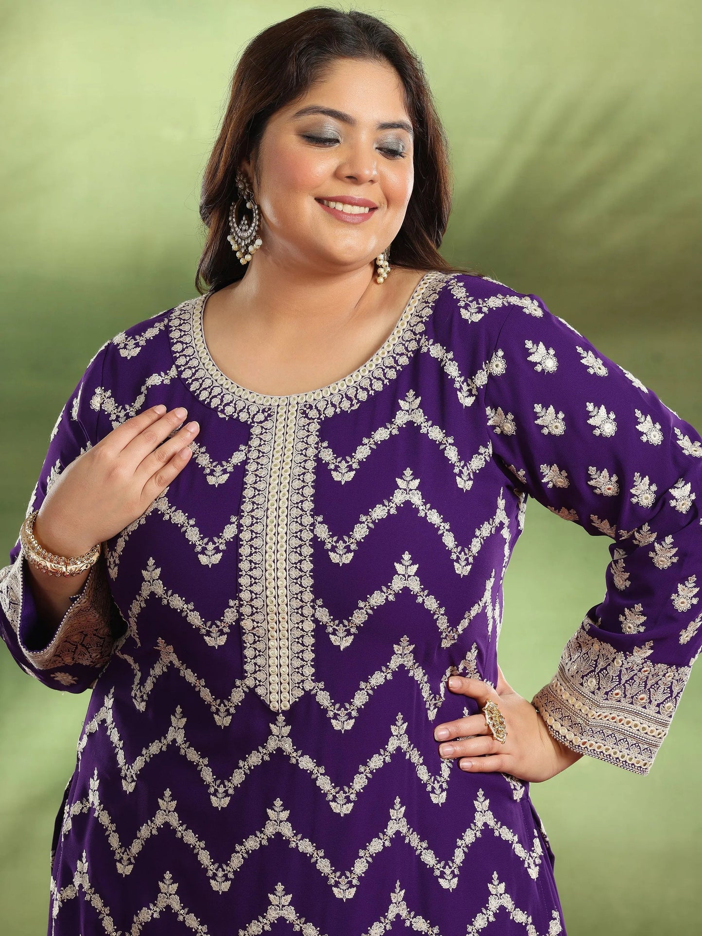 Plus Size Purple Embroidered Georgette Straight Suit With Dupatta
