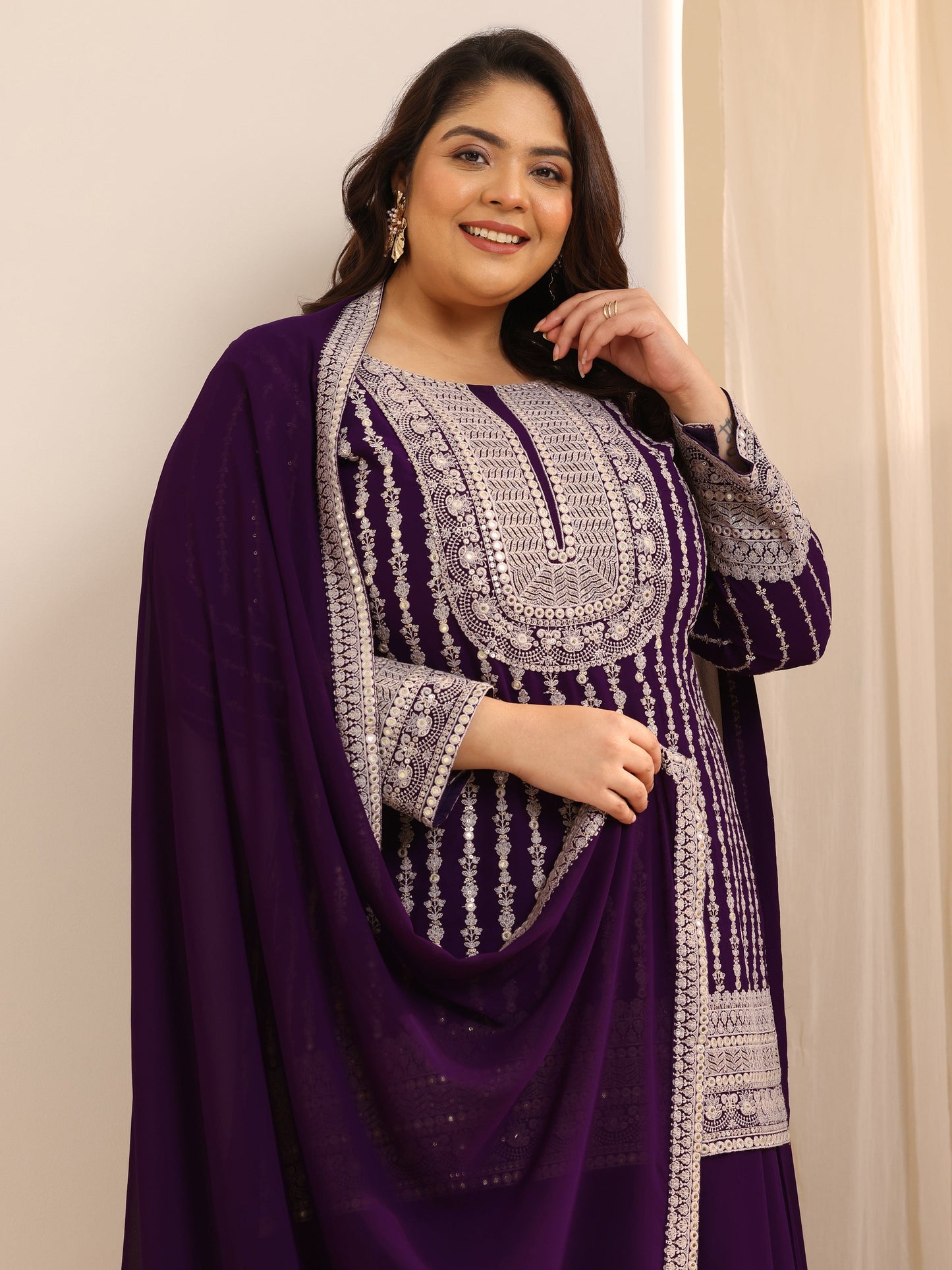 Plus Size Purple Embroidered Georgette A line Suit Set With Dupatta