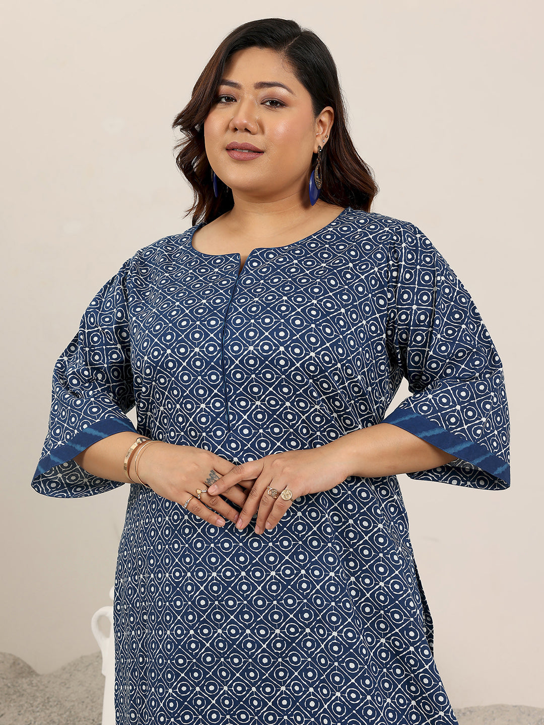 Plus Size Blue Printed Cotton Straight Suit Set With Dupatta