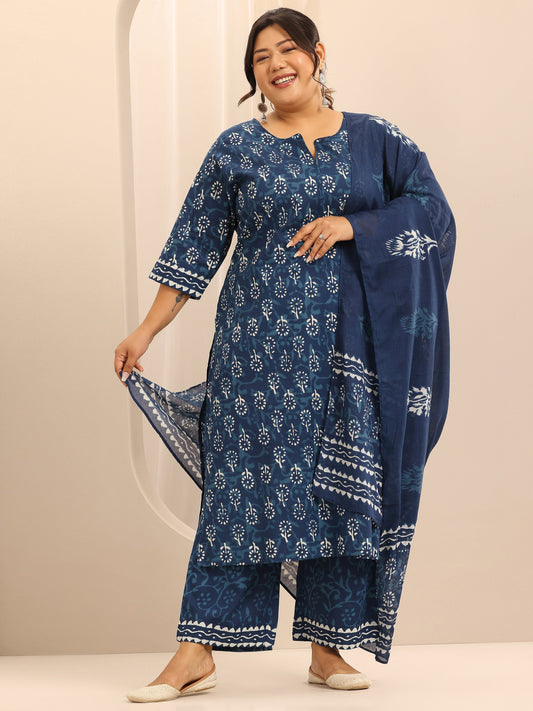 Plus Size Blue Printed Cotton Straight Suit Set With Dupatta