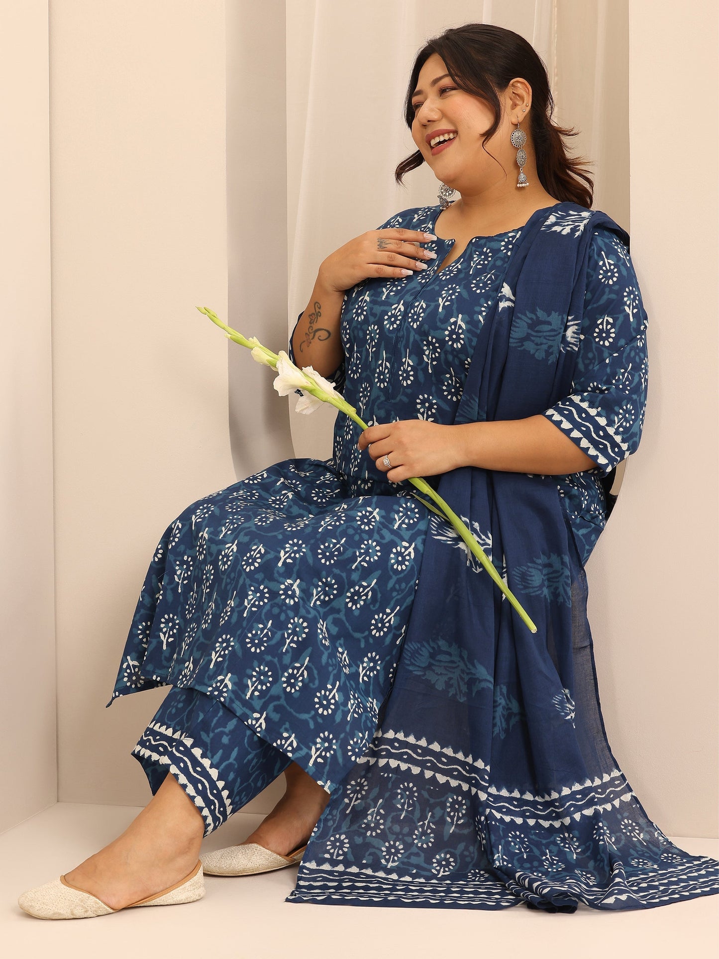 Plus Size Blue Printed Cotton Straight Suit Set With Dupatta