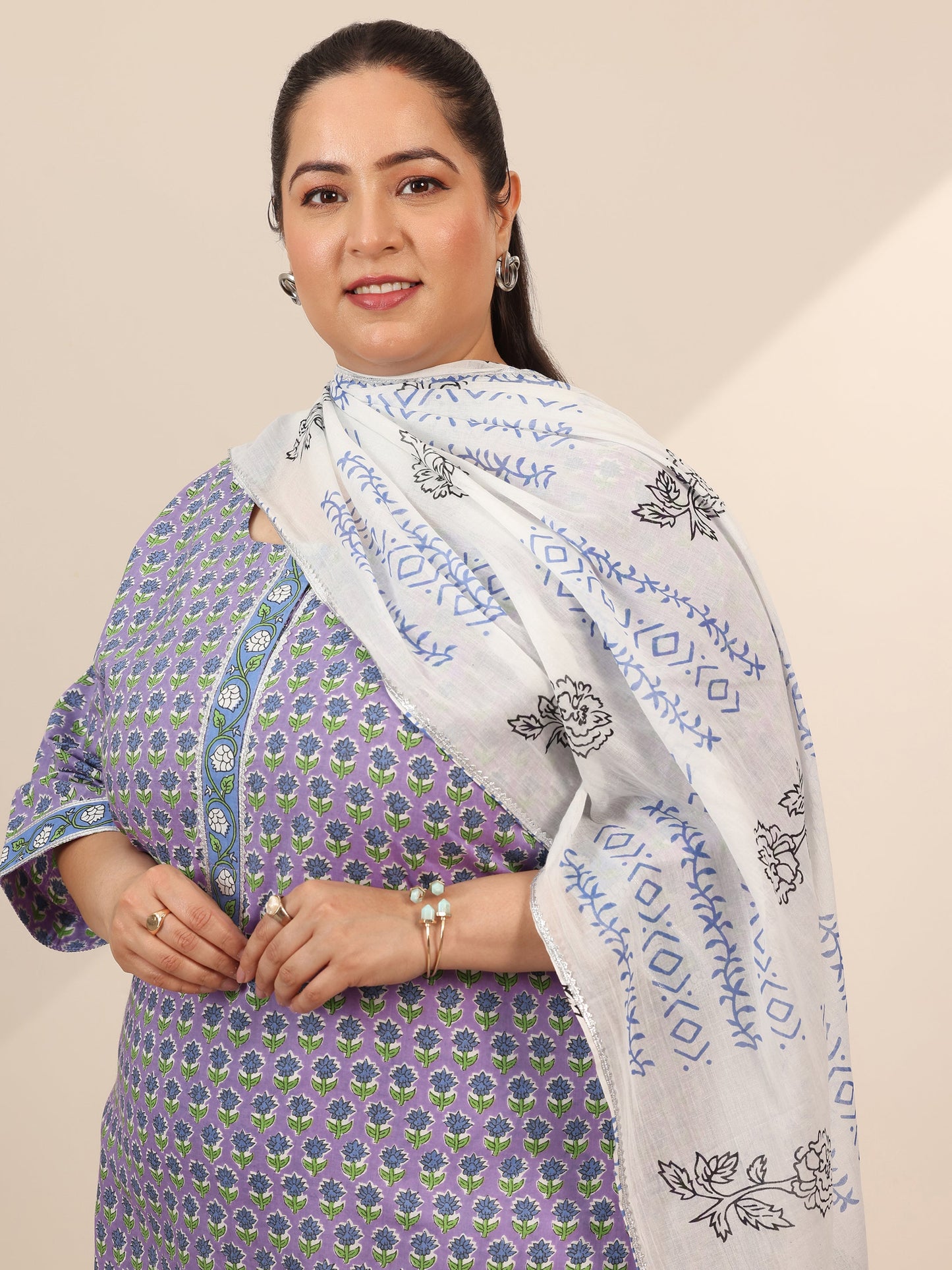 Plus Size Lavender Printed Cotton Straight Suit Set With Dupatta