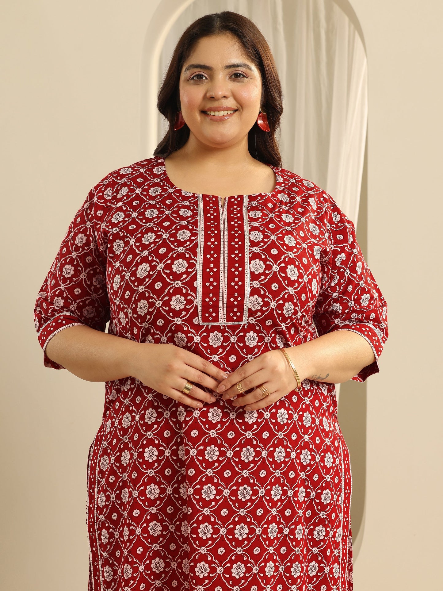 Plus Size Red Printed Cotton Straight Suit Set With Dupatta