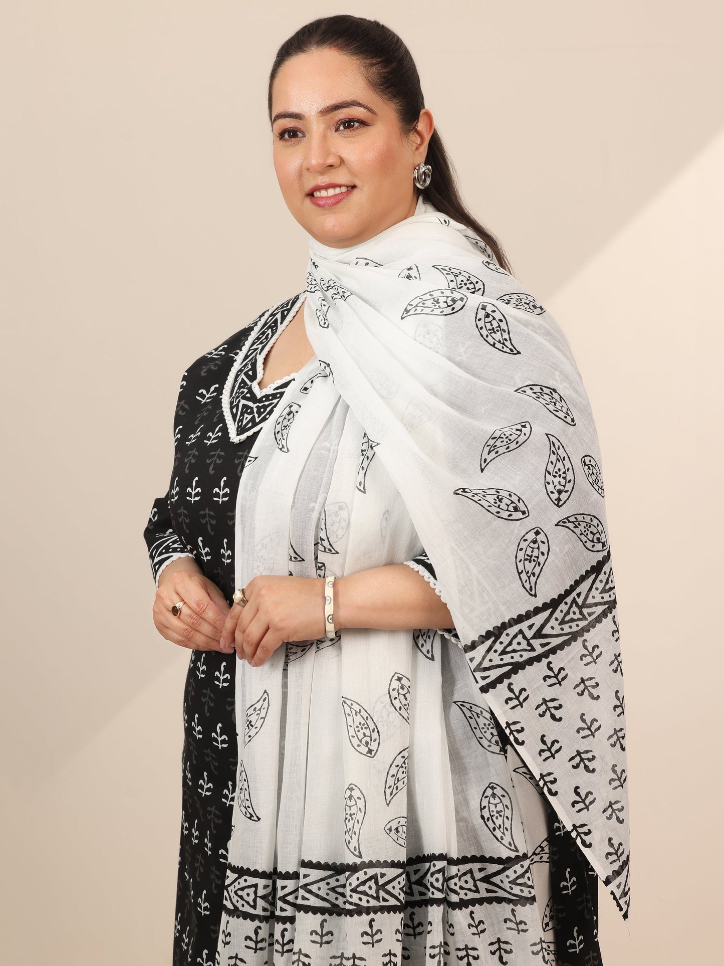 Plus Size Black Printed Cotton Straight Suit Set With Dupatta