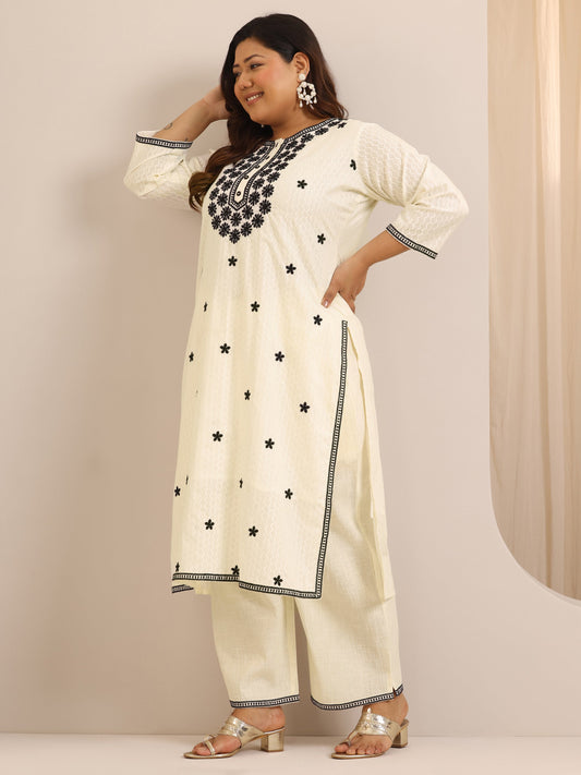 Plus Size Off White Embroidered Cotton Straight Suit Set With Dupatta