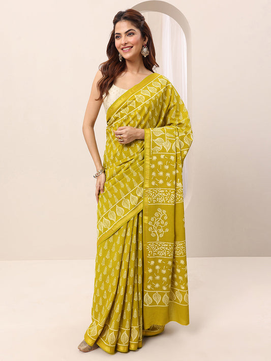 Lime Green Printed Cotton Saree With Unstitched Blouse