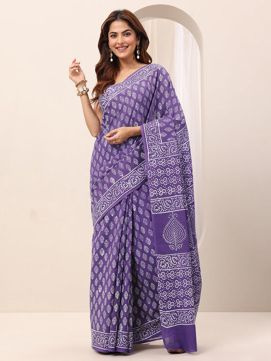 Purple Printed Cotton Saree With Unstitched Blouse
