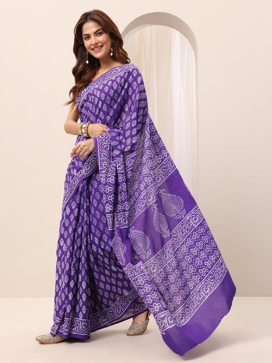 Purple Printed Cotton Saree With Unstitched Blouse