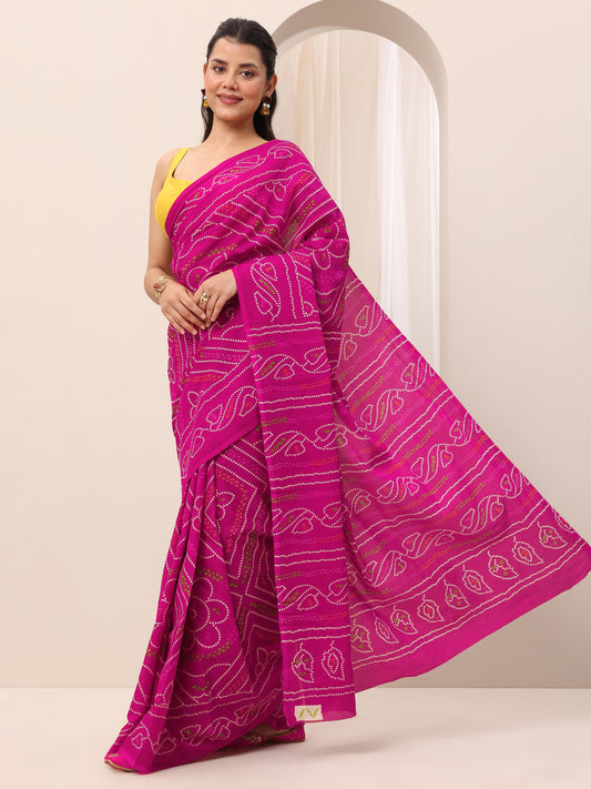 Pink Printed Cotton Saree With Unstitched Blouse