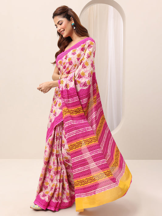 Pink Printed Cotton Saree With Unstitched Blouse
