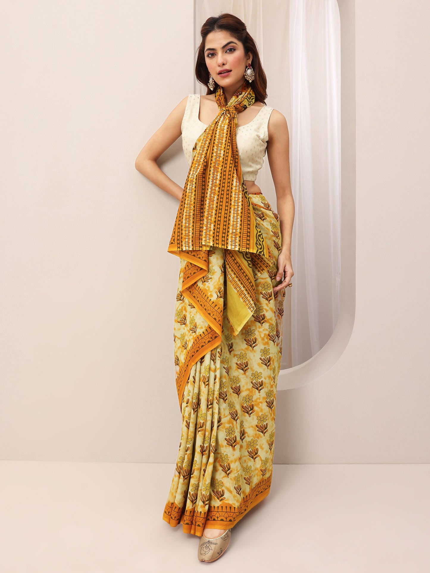 Mustard Printed Cotton Saree With Unstitched Blouse