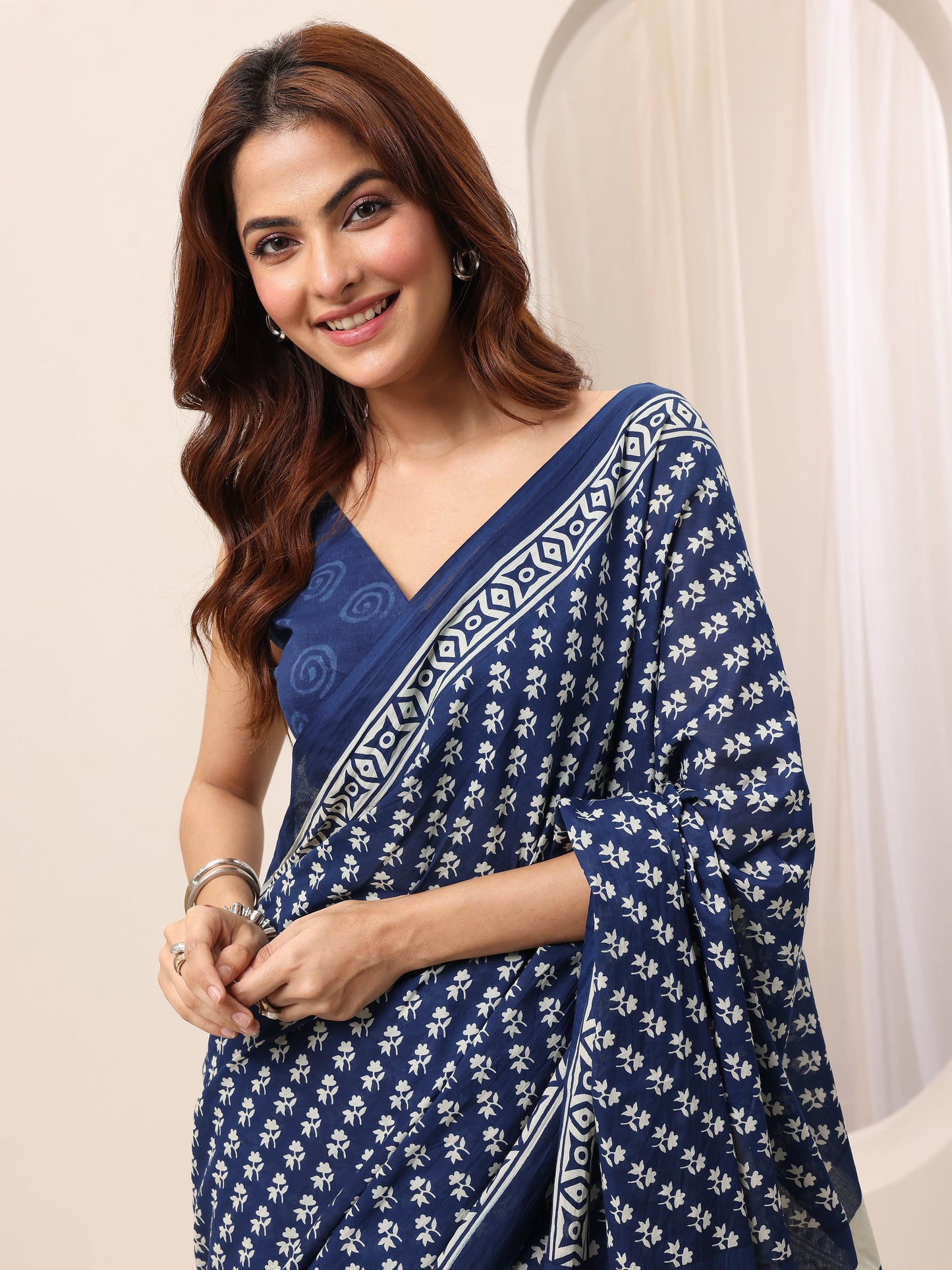 Indigo Printed Cotton Saree With Unstitched Blouse