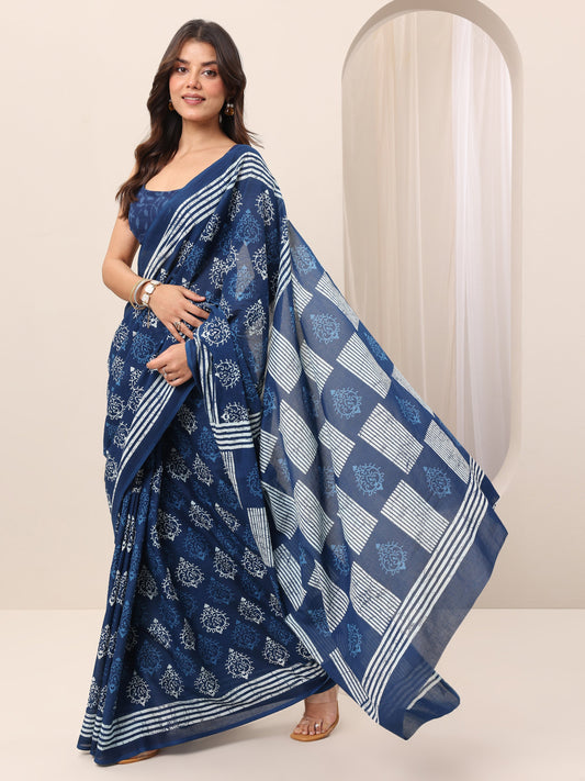 Indigo Printed Cotton Saree With Unstitched Blouse
