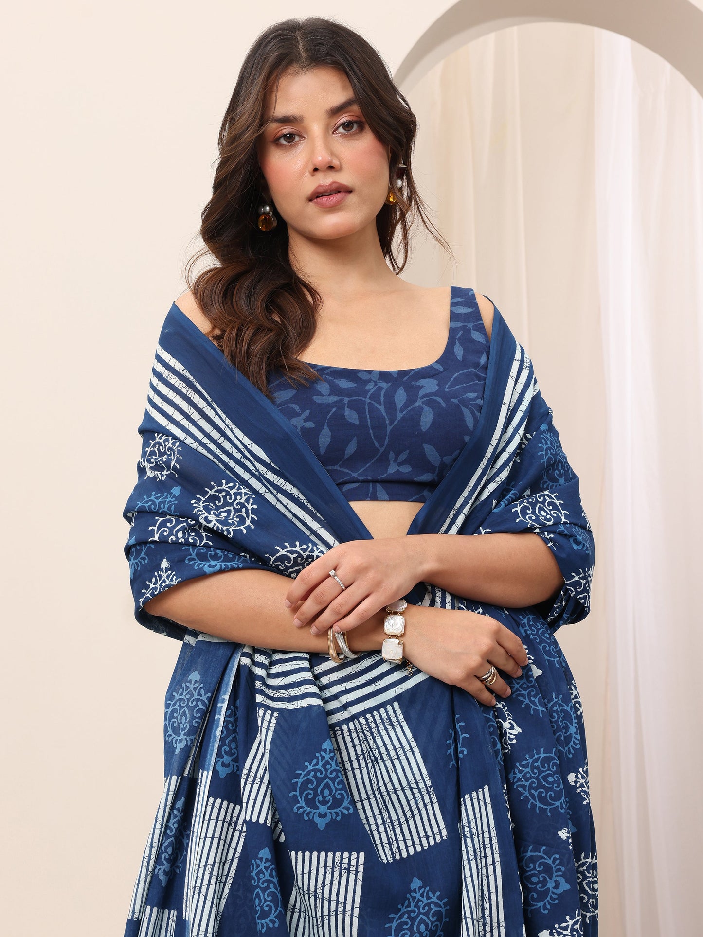 Indigo Printed Cotton Saree With Unstitched Blouse