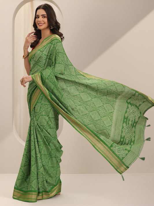 Green Printed Silk Blend Saree With Unstitched Blouse Piece