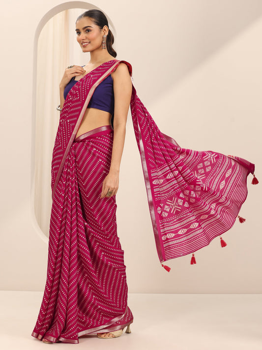 Pink Printed Georgette Saree With Unstitched Blouse Piece