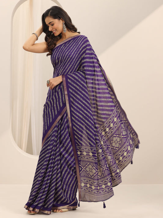Purple Printed Georgette Saree With Unstitched Blouse Piece