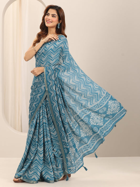 Turquoise Printed Georgette Saree With Unstitched Blouse Piece