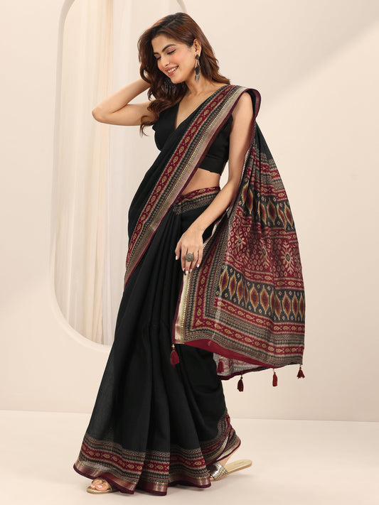 Black Solid Cotton Silk Saree With Unstitched Blouse Piece
