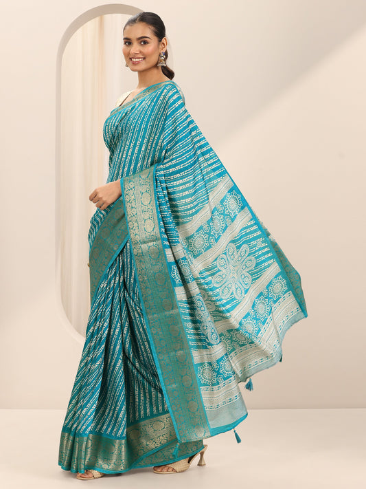 Turquoise Printed Silk Blend Saree With Unstitched Blouse Piece