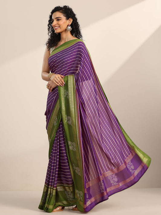 Purple Printed Georgette Saree With Unstitched Blouse Piece