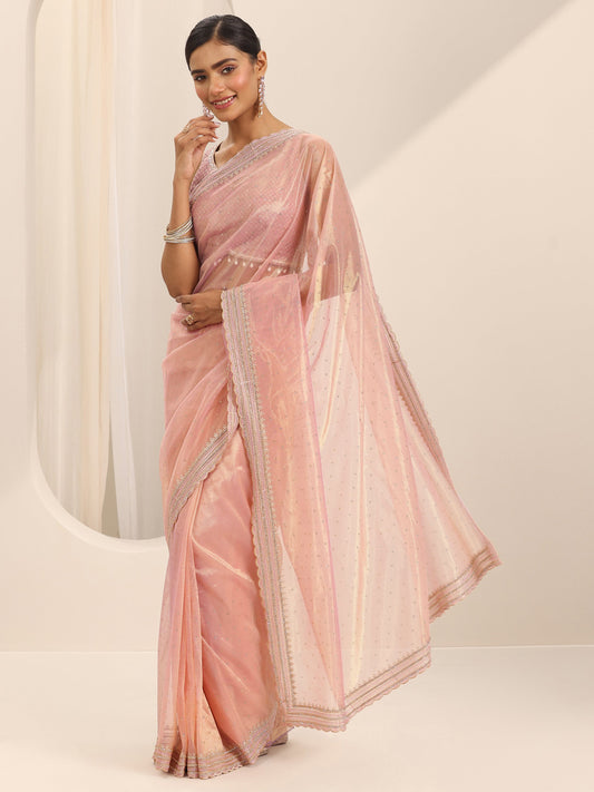 Pink Embroidered Net Silk Saree With Unstitched Blouse Piece