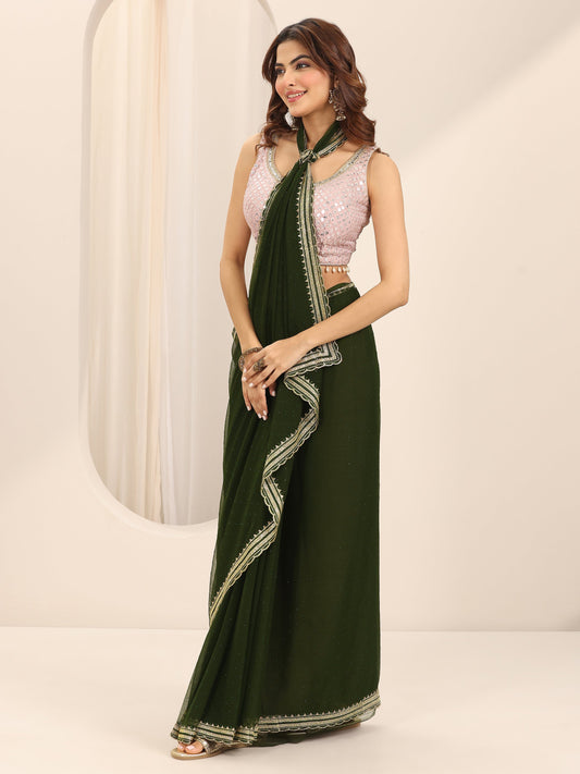 Green Solid Chiffon Saree With Unstitched Blouse Piece