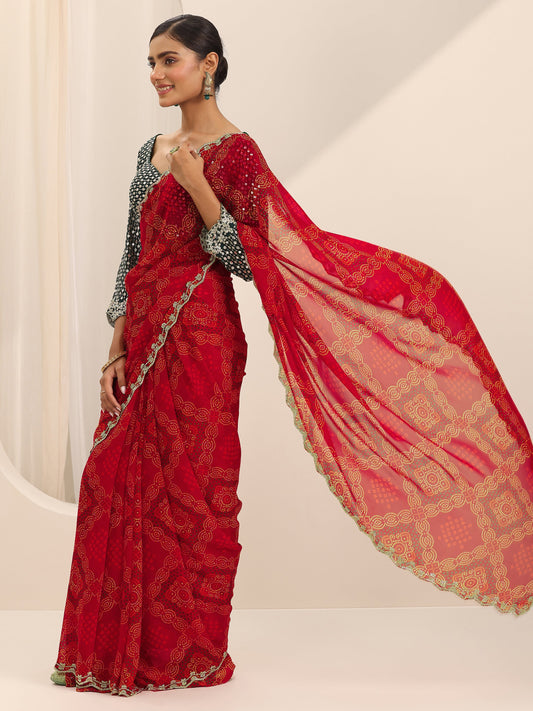 Red Bandhani Printed Georgette Saree With Unstitched Blouse Piece