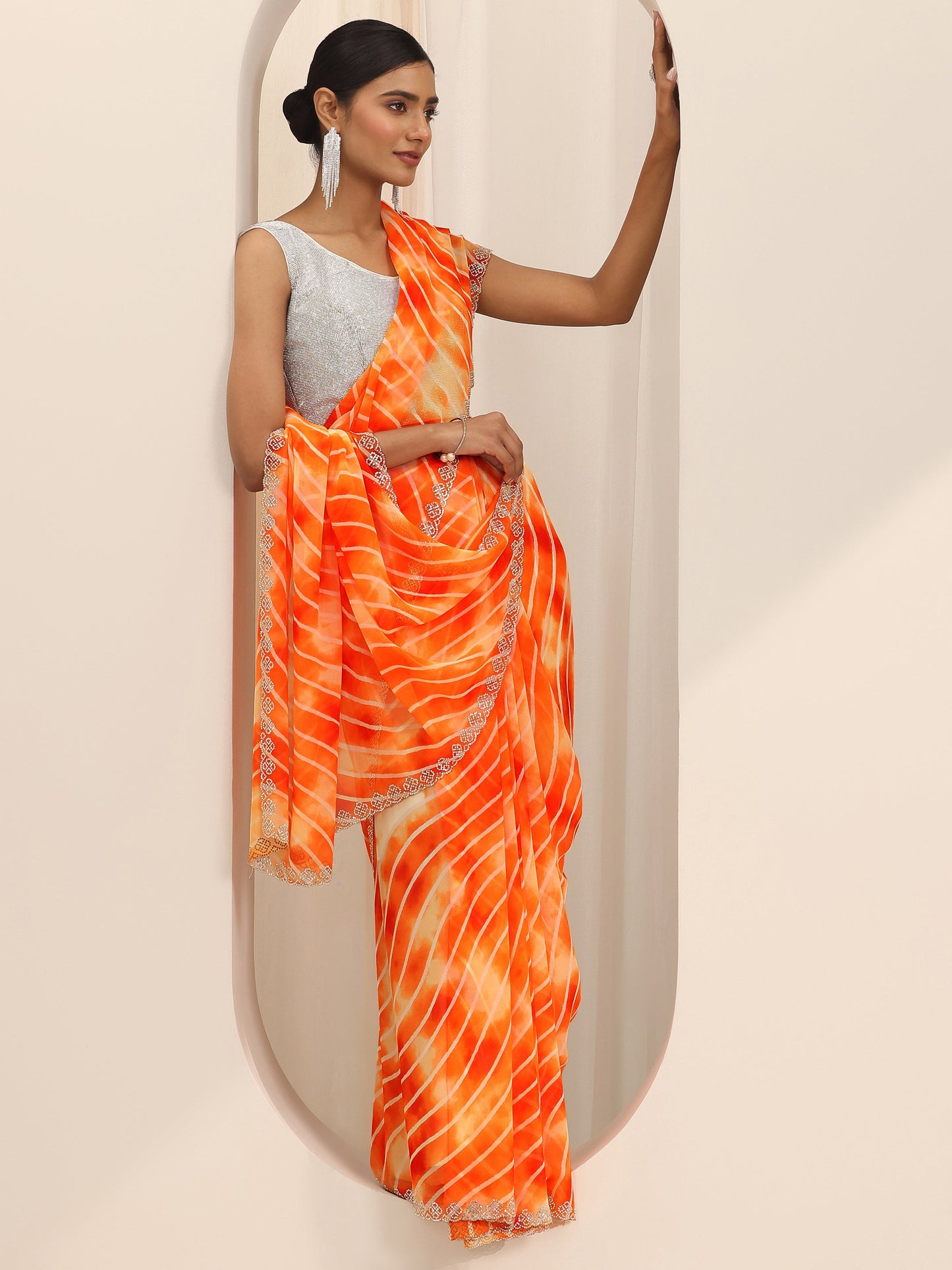 Orange Leheriya Printed Georgette Saree With Unstitched Blouse Piece