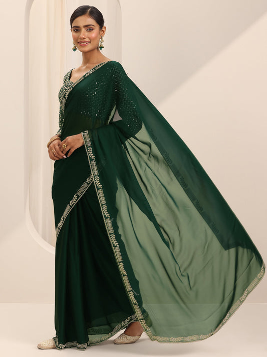 Green Solid Satin Saree With Unstitched Blouse Piece