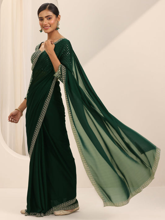 Green Solid Jimmy Choo Satin Saree With Unstitched Blouse Piece